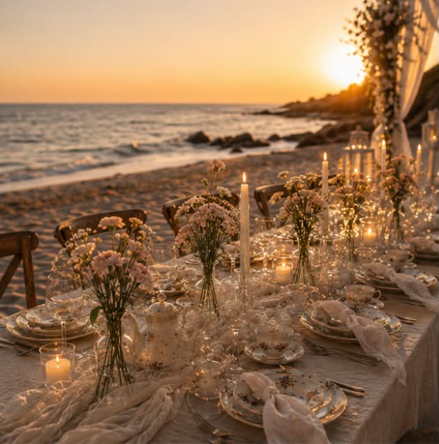 Vacker dukning med vintageporslin, levande ljus och blommor vid havet
