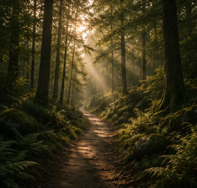 Stig genom en stilla skog i varmt morgonljus